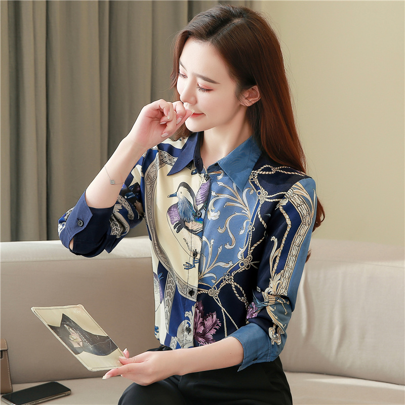 Spring retro tops twill real silk shirt for women