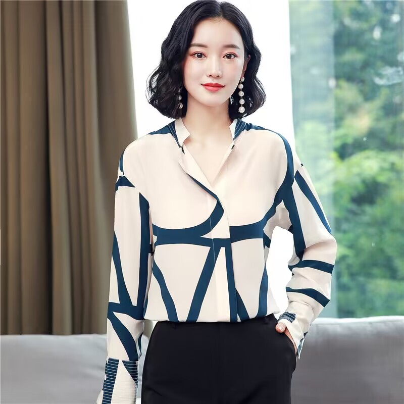 Printing long sleeve tops niche real silk shirt for women
