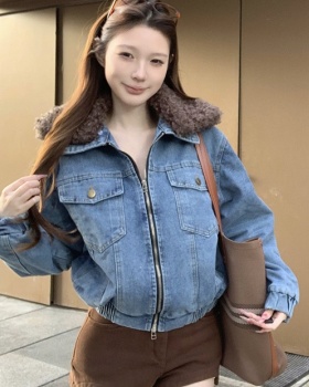 Washed fur collar denim tops splice clip cotton double zip coat