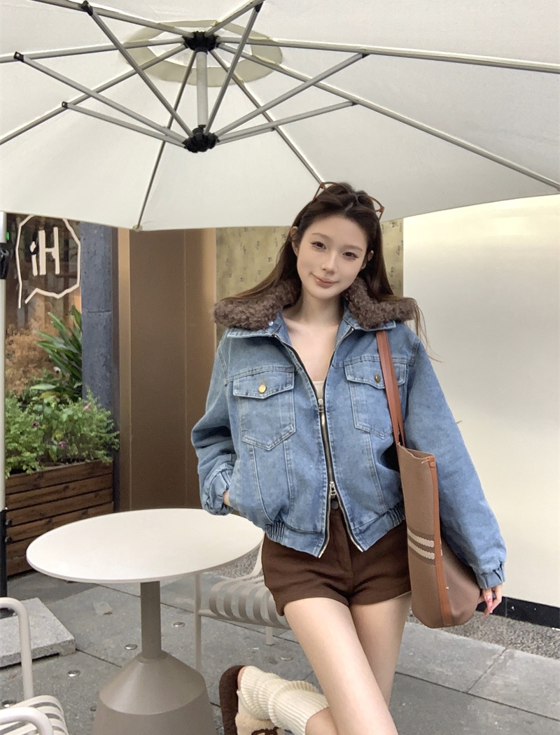 Washed fur collar denim tops splice clip cotton double zip coat