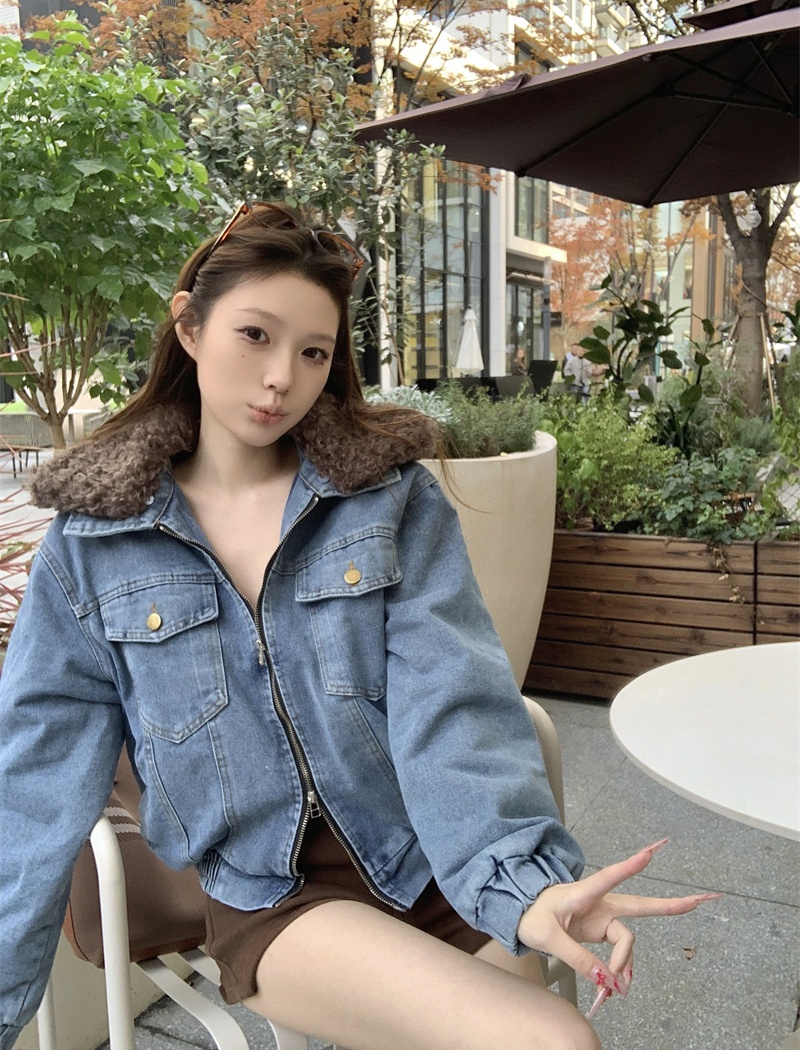 Washed fur collar denim tops splice clip cotton double zip coat