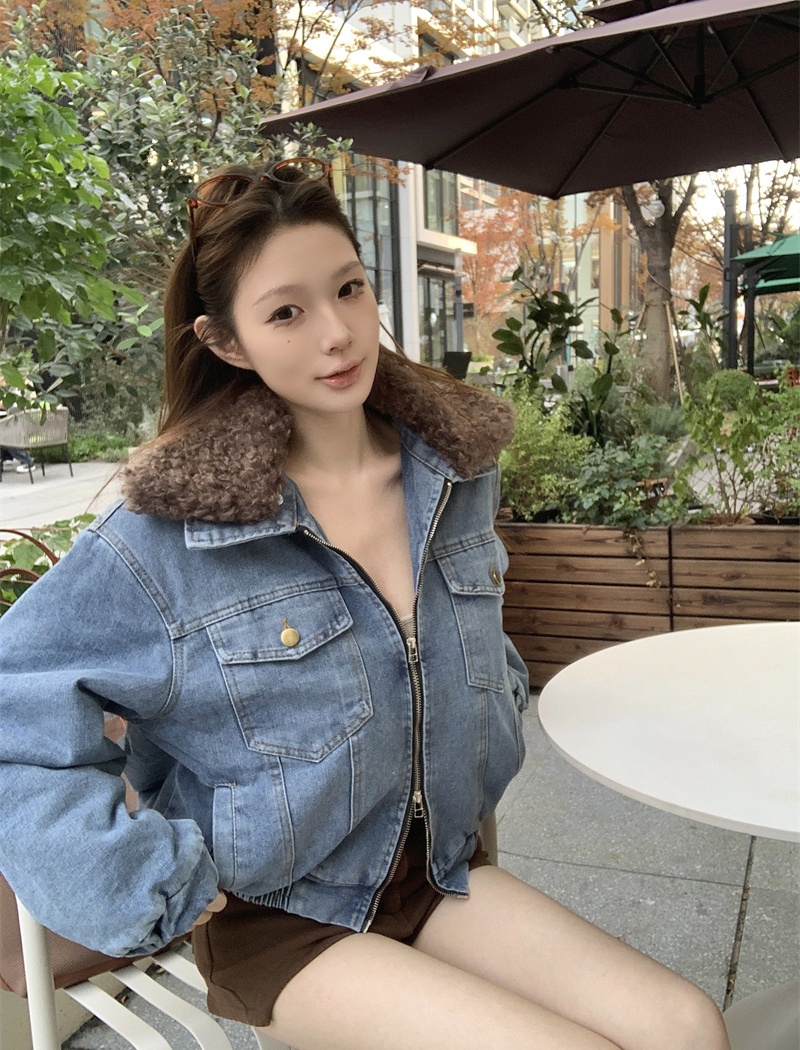 Washed fur collar denim tops splice clip cotton double zip coat