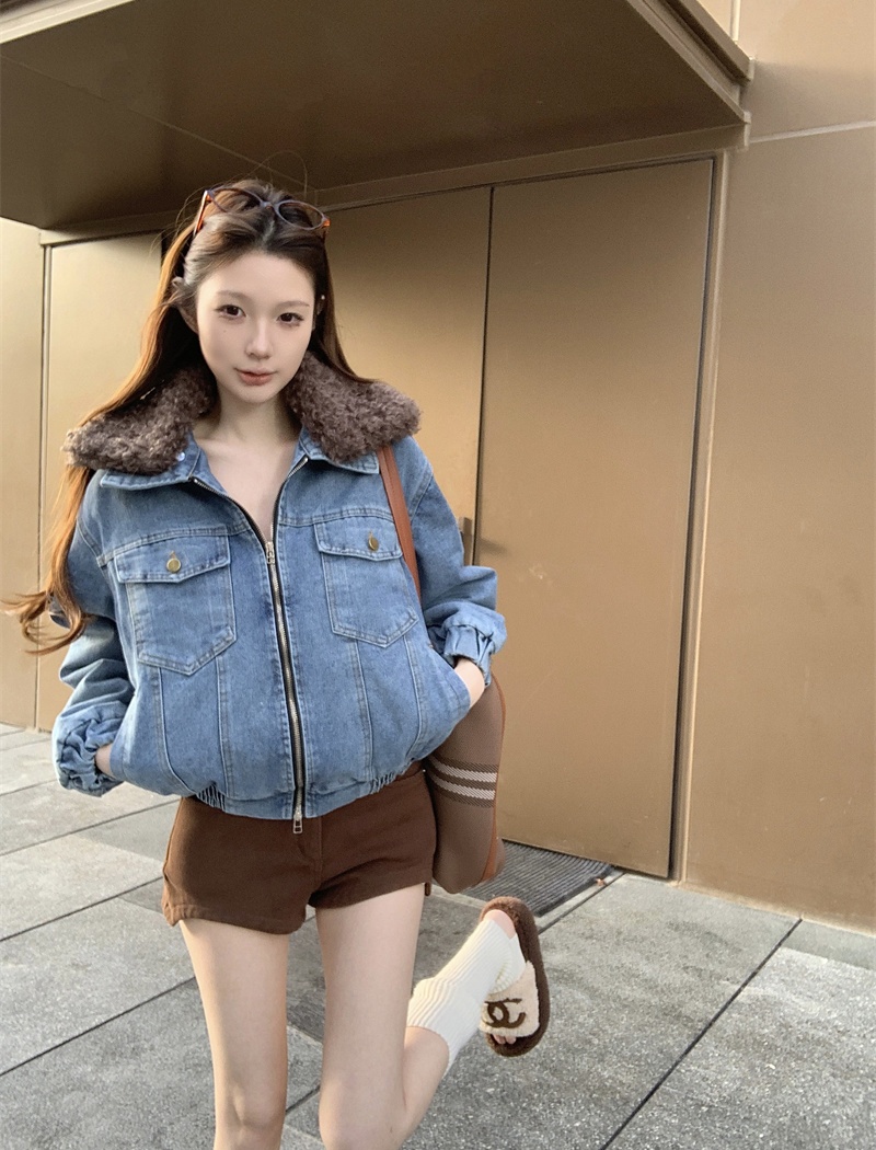 Washed fur collar denim tops splice clip cotton double zip coat