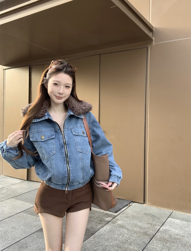Washed fur collar denim tops splice clip cotton double zip coat