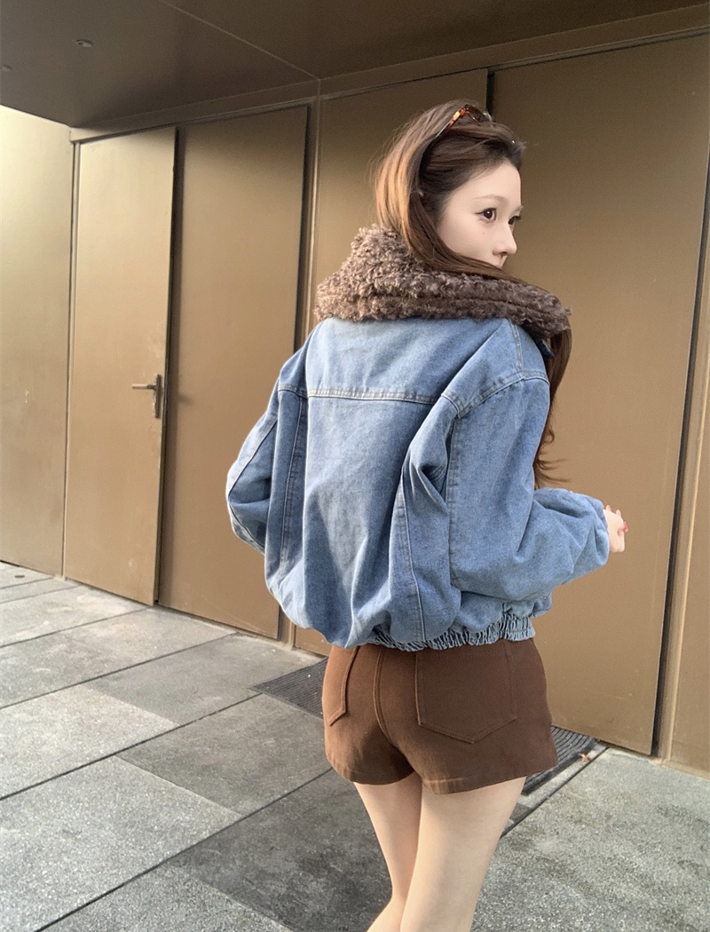 Washed fur collar denim tops splice clip cotton double zip coat
