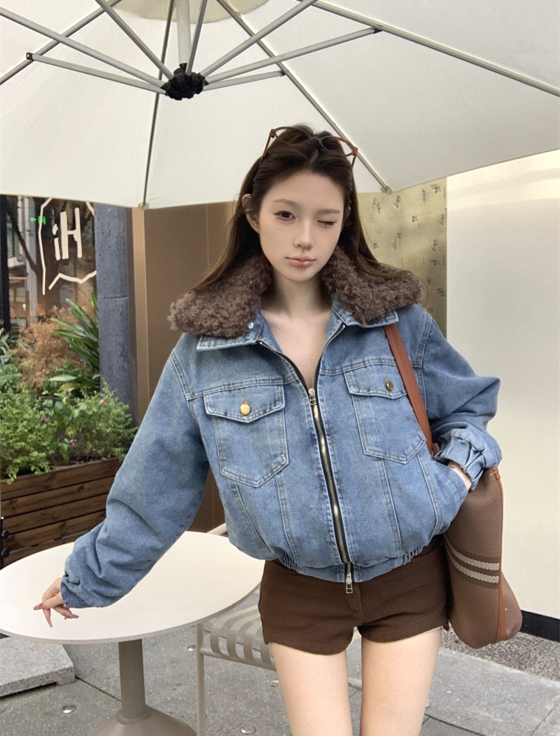 Washed fur collar denim tops splice clip cotton double zip coat