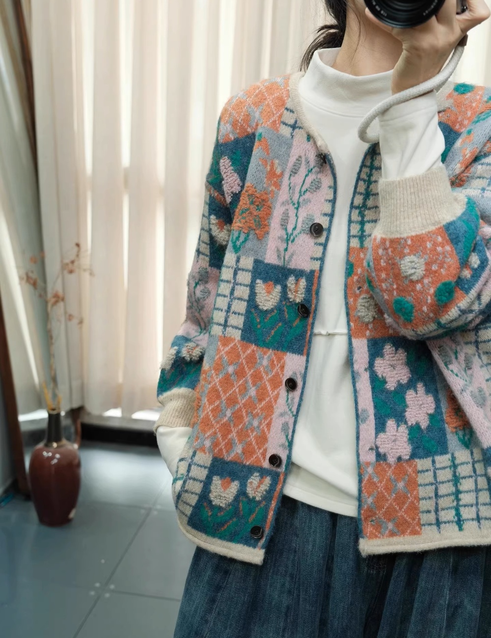 Autumn and winter jacquard coat round neck sweater for women