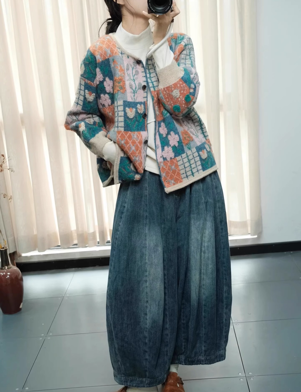 Autumn and winter jacquard coat round neck sweater for women