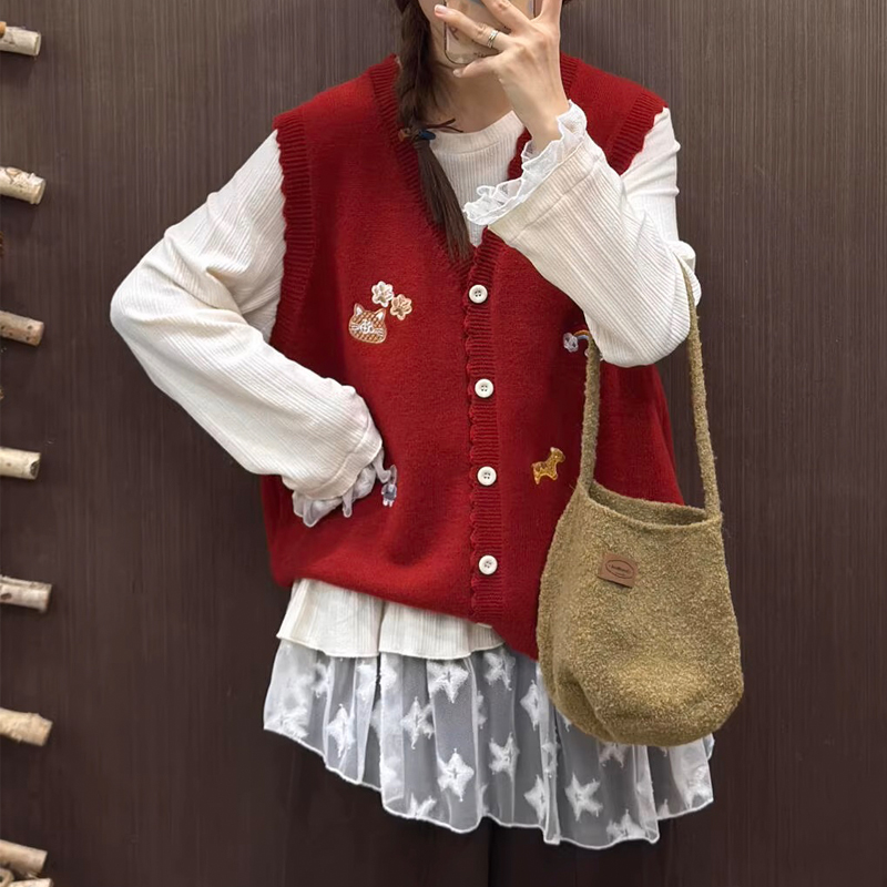 Lovely V-neck waistcoat knitted sweater for women
