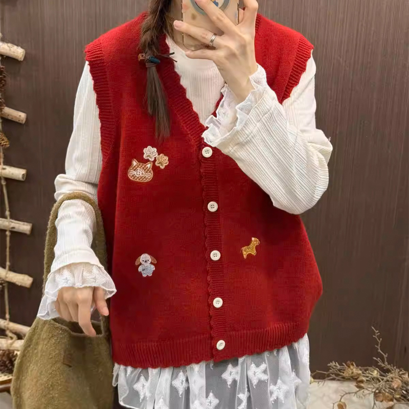 Lovely V-neck waistcoat knitted sweater for women