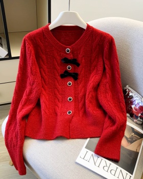 Knitted bow sequins sweater red spring tops
