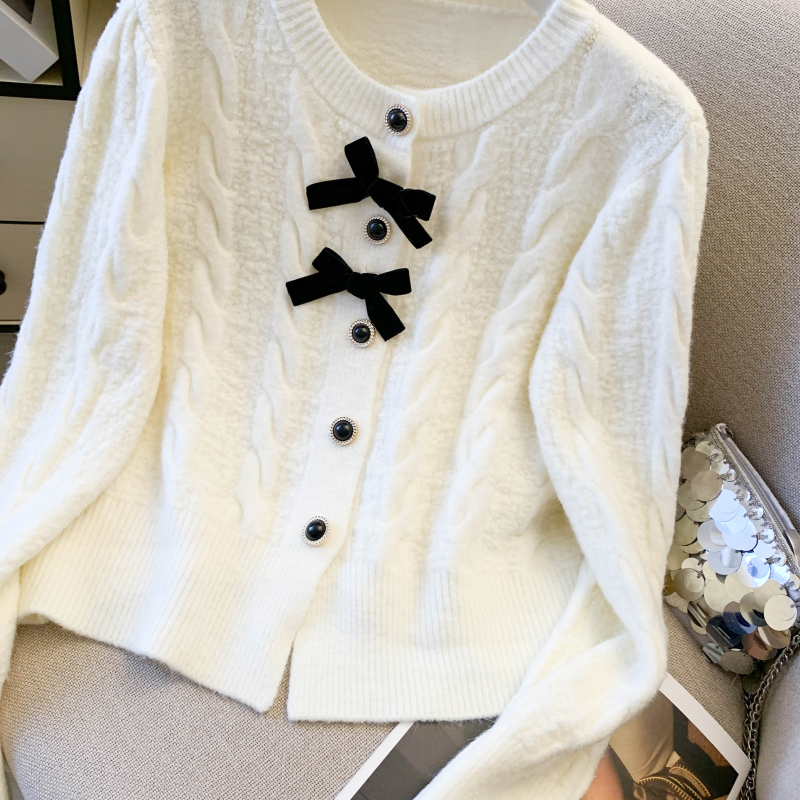 Knitted bow sequins sweater red spring tops