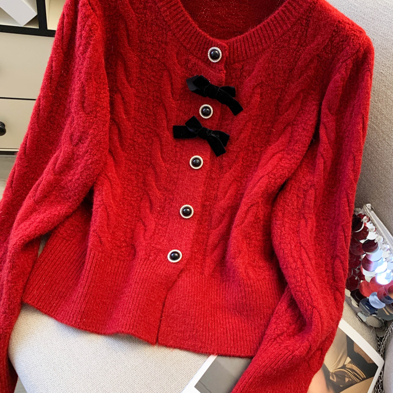 Knitted bow sequins sweater red spring tops