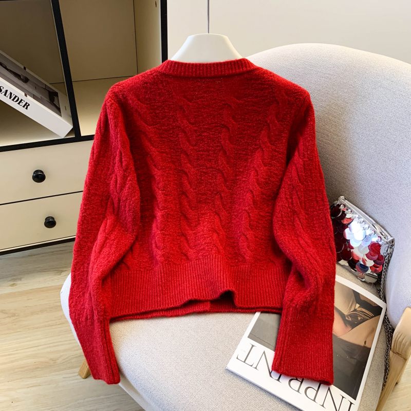 Knitted bow sequins sweater red spring tops
