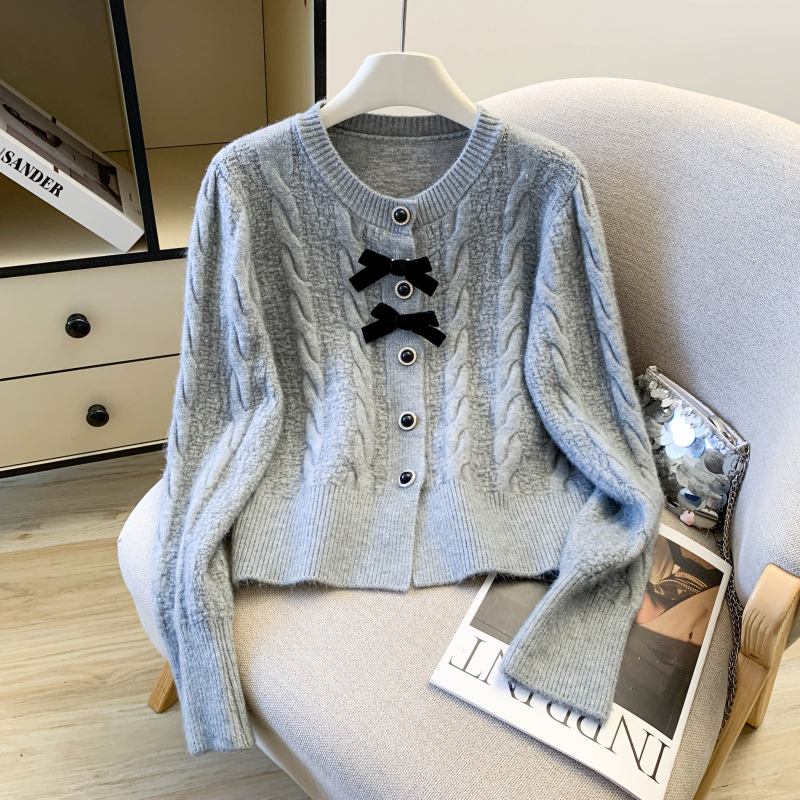 Knitted bow sequins sweater red spring tops