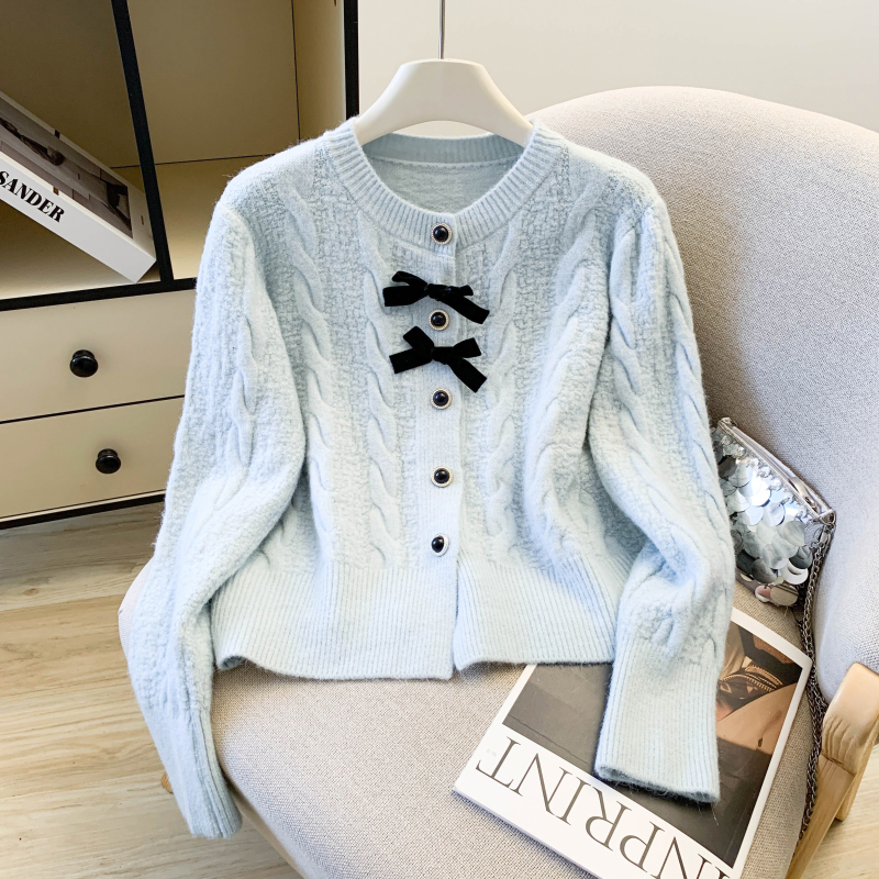 Knitted bow sequins sweater red spring tops