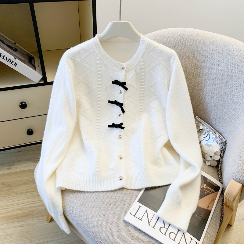 Red bow short tops knitted spring coat