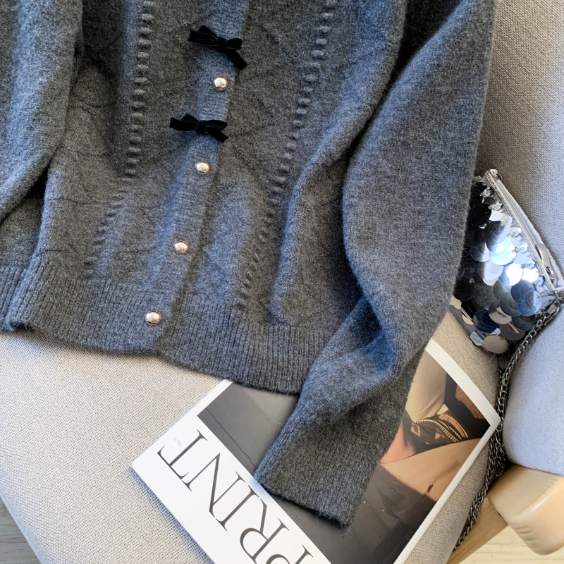 Red bow short tops knitted spring coat