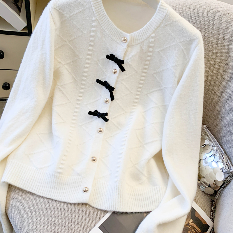 Red bow short tops knitted spring coat