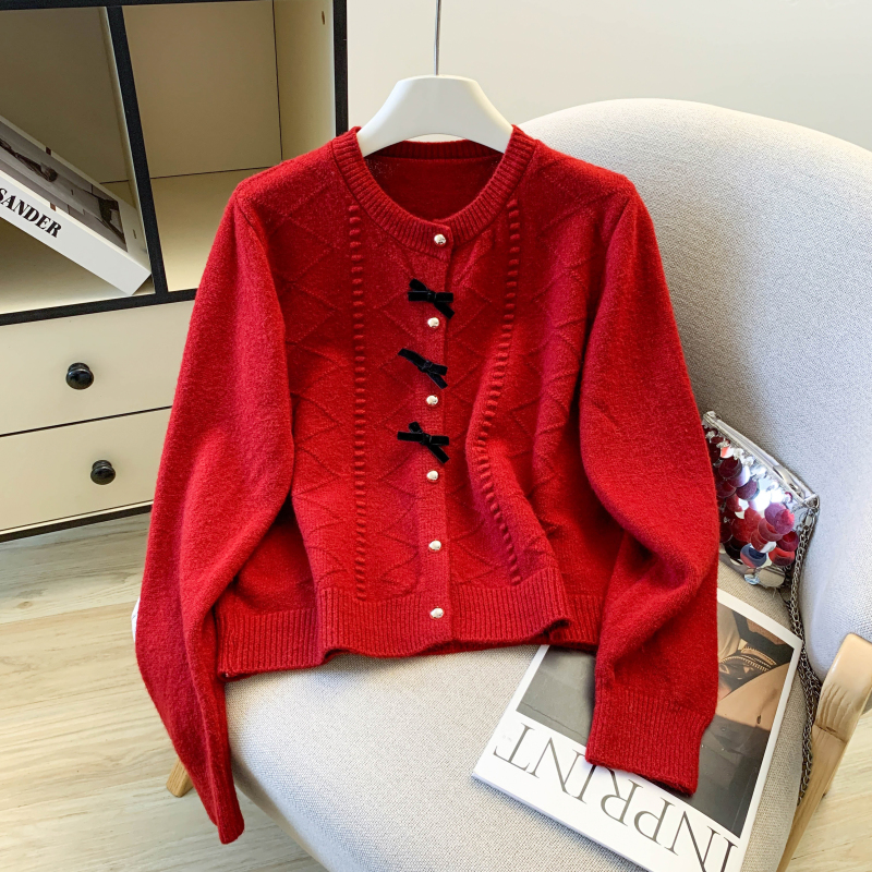 Red bow short tops knitted spring coat
