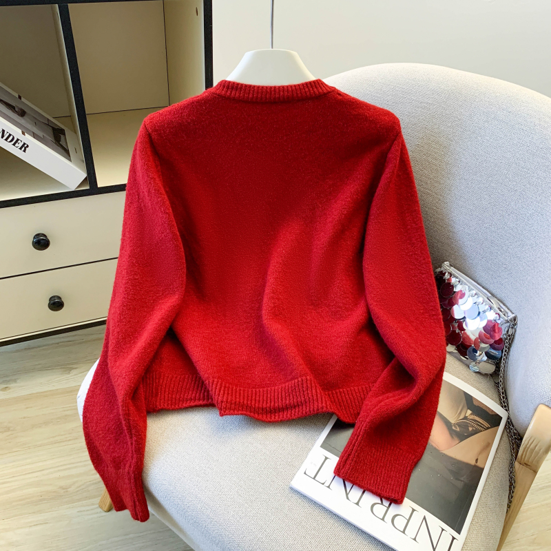 Red bow short tops knitted spring coat