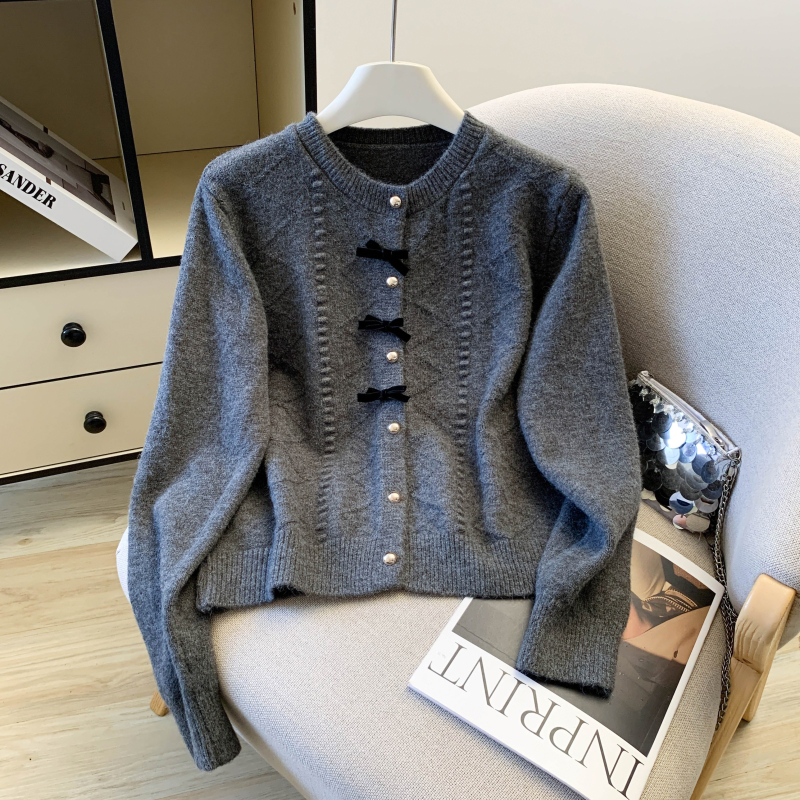 Red bow short tops knitted spring coat