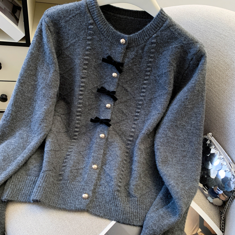 Red bow short tops knitted spring coat