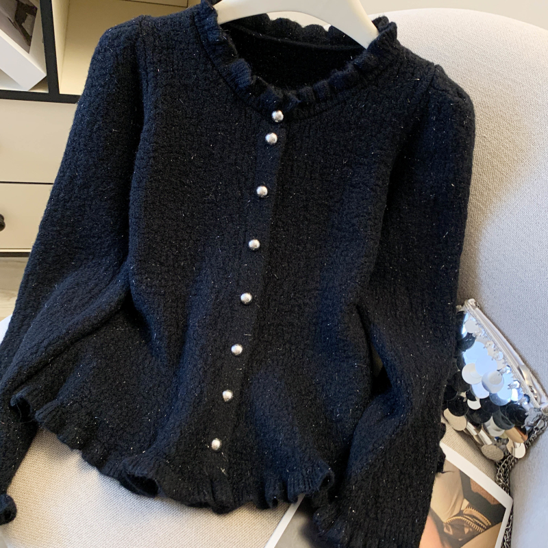 Lotus leaf edges buckle tops pinched waist cardigan