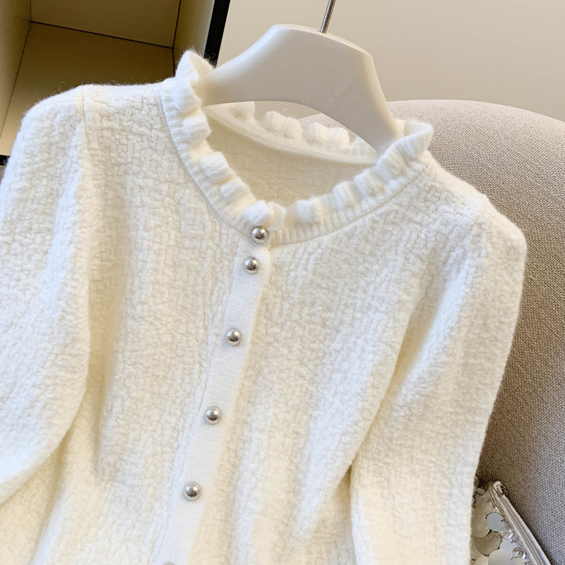 Lotus leaf edges buckle tops pinched waist cardigan