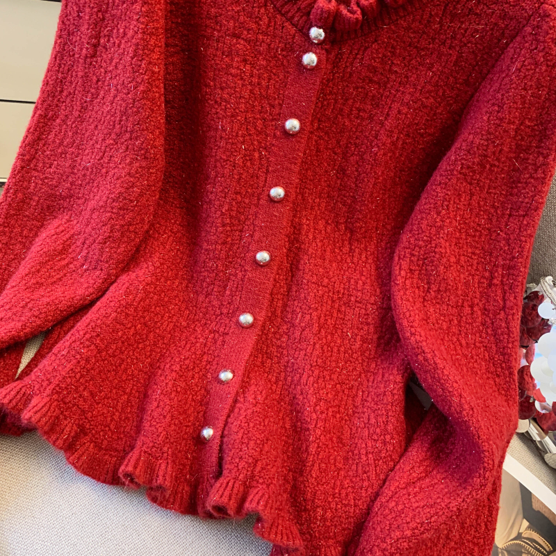 Lotus leaf edges buckle tops pinched waist cardigan