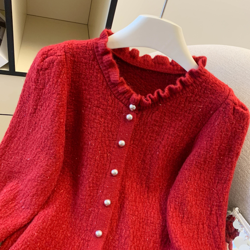 Lotus leaf edges buckle tops pinched waist cardigan