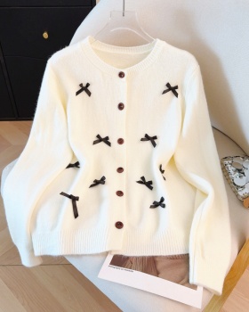 Spring round neck knitted coat bow all-match cardigan