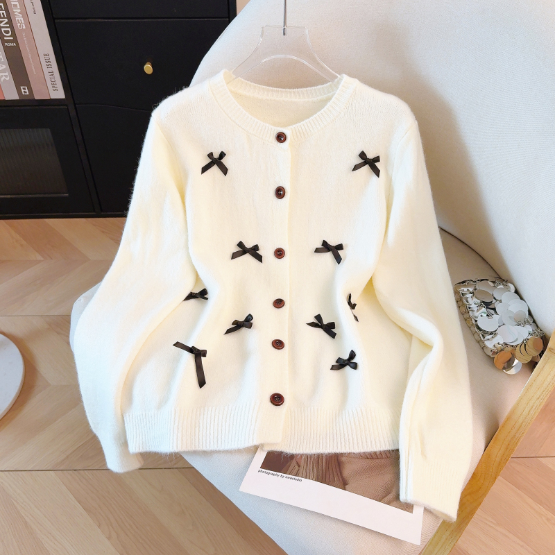 Spring round neck knitted coat bow all-match cardigan
