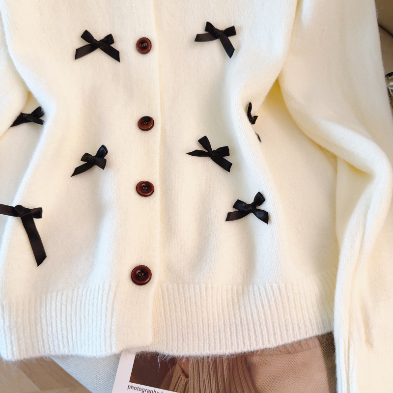 Spring round neck knitted coat bow all-match cardigan