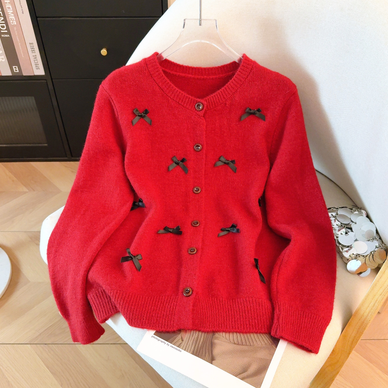 Spring round neck knitted coat bow all-match cardigan