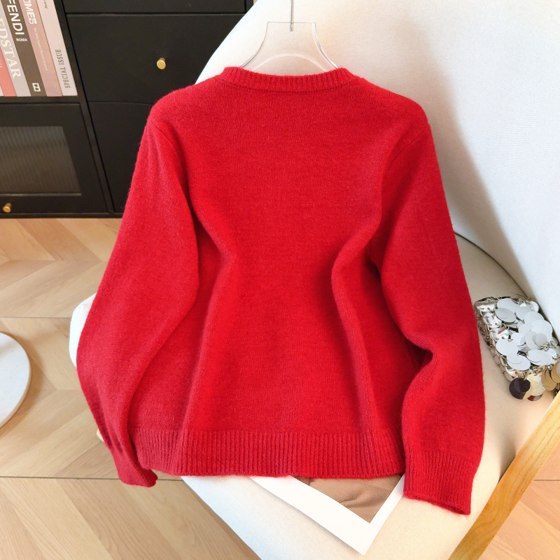 Spring round neck knitted coat bow all-match cardigan