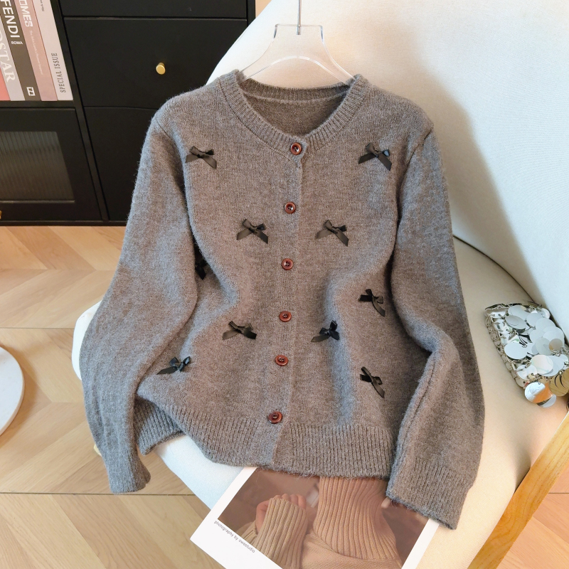 Spring round neck knitted coat bow all-match cardigan