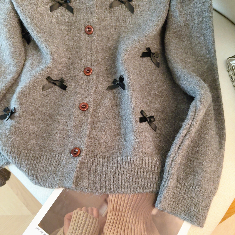 Spring round neck knitted coat bow all-match cardigan