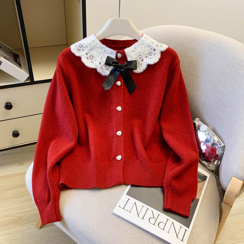 Spring bow lace coat red christmas show young sweater