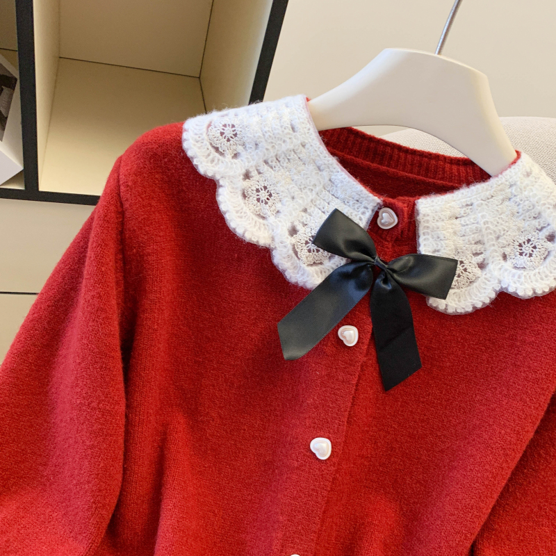 Spring bow lace coat red christmas show young sweater