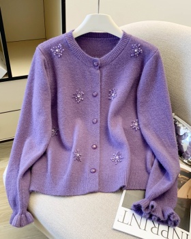 Beading Western style red short spring sweater for women