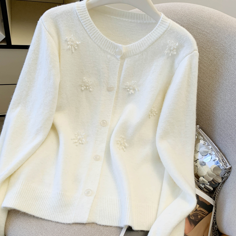 Beading Western style red short spring sweater for women