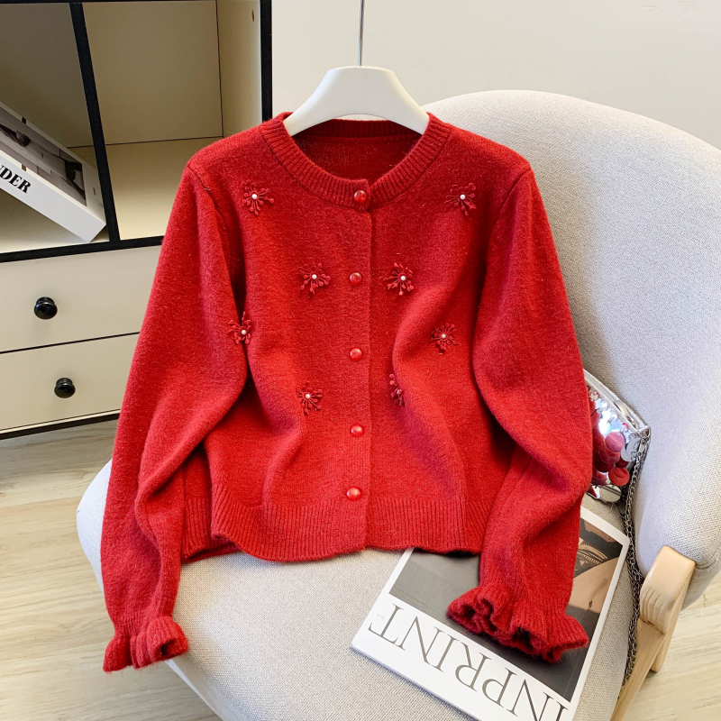 Beading Western style red short spring sweater for women