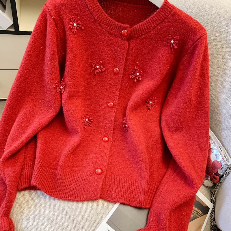 Beading Western style red short spring sweater for women
