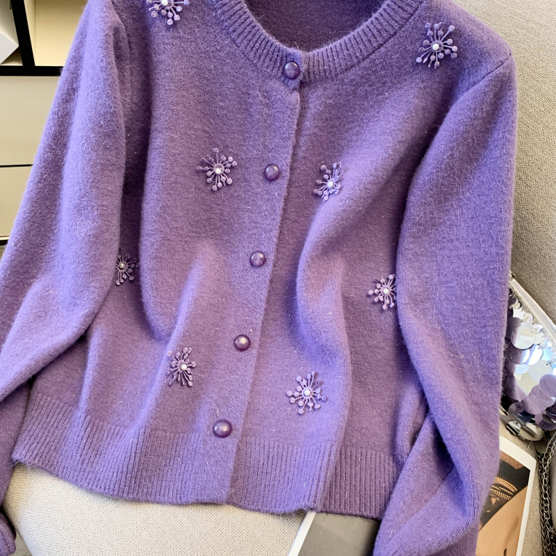 Beading Western style red short spring sweater for women