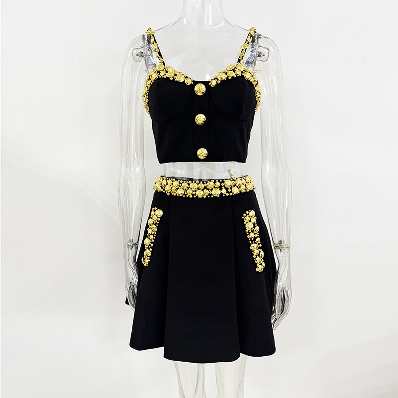 Gold sling vest European style fashion short skirt a set