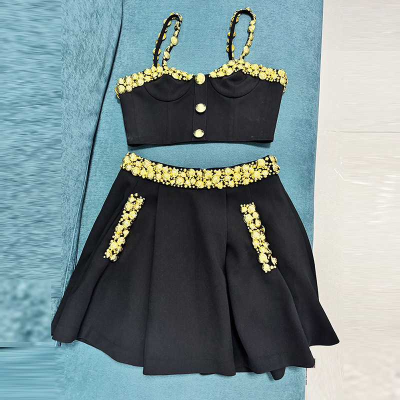 Gold sling vest European style fashion short skirt a set