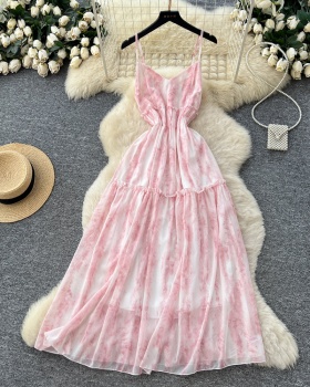 Summer tie dye long dress pinched waist dress for women