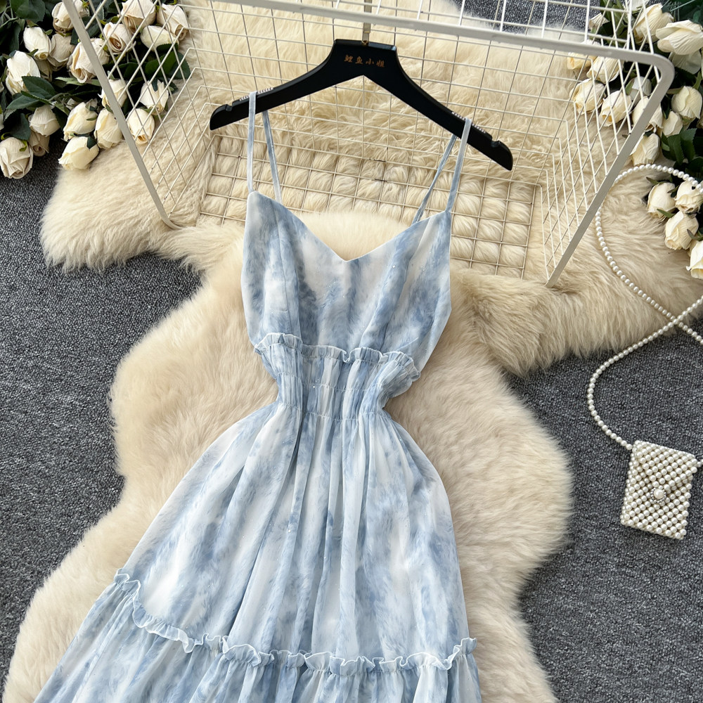 Summer tie dye long dress pinched waist dress for women