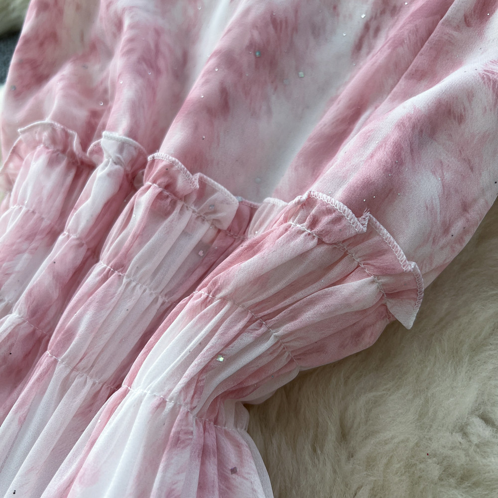 Summer tie dye long dress pinched waist dress for women